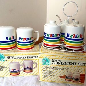Vintage 1980s Retro Ceramic Rainbow Condiment Set